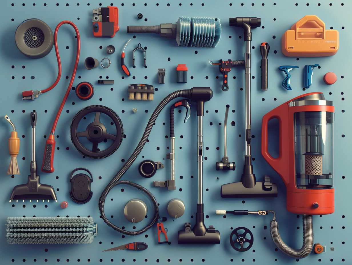 Disassembled vacuum cleaner parts neatly arranged on a workbench including brush roller filter hose and dustbin