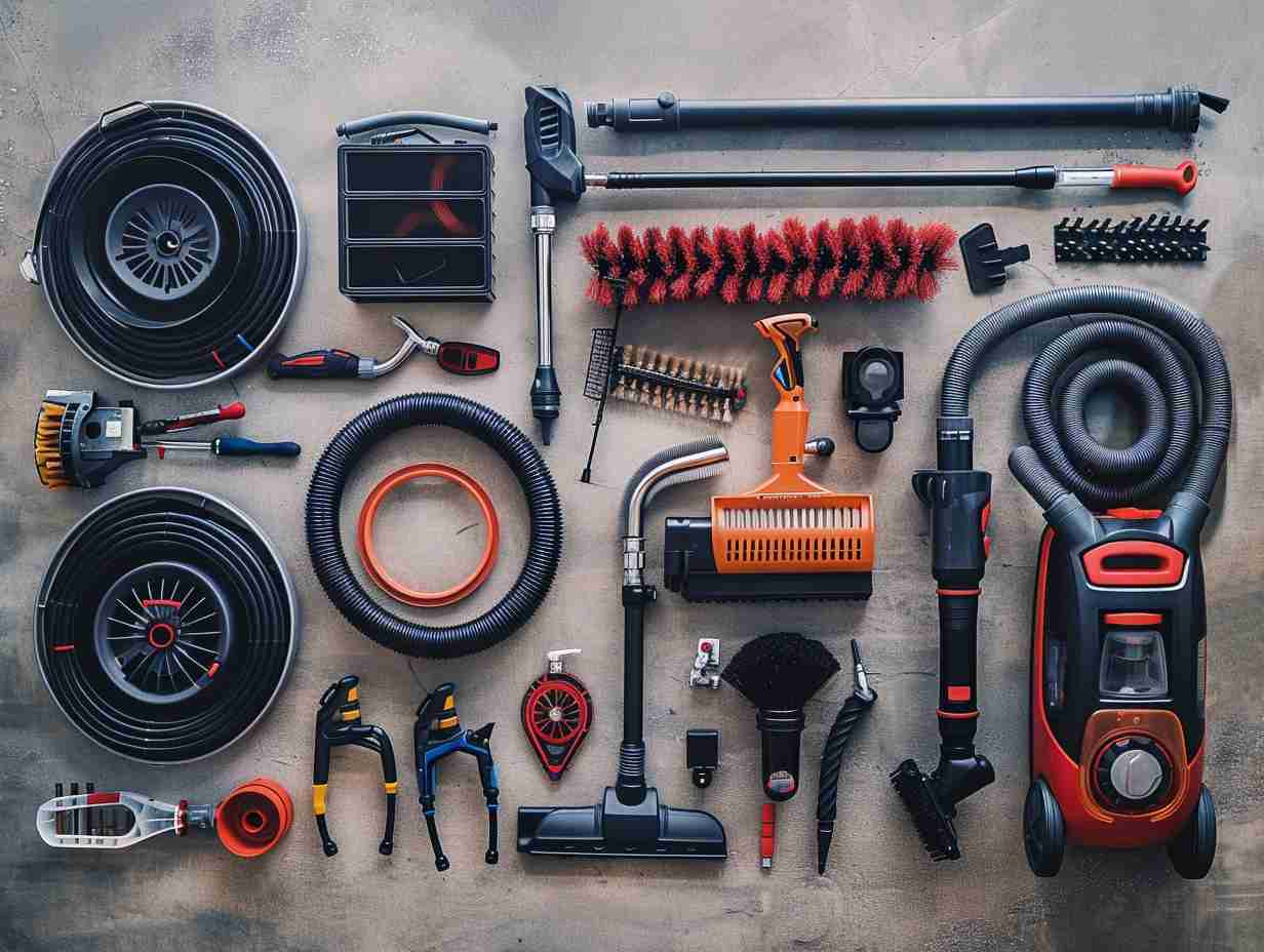 A neatly arranged assortment of vacuum cleaner parts including filters brushes and hoses on a workbench