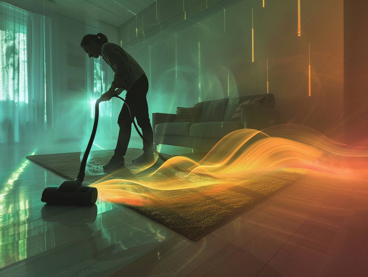 Person vacuuming a carpet in a quiet room with visible sound waves from the vacuum cleaner