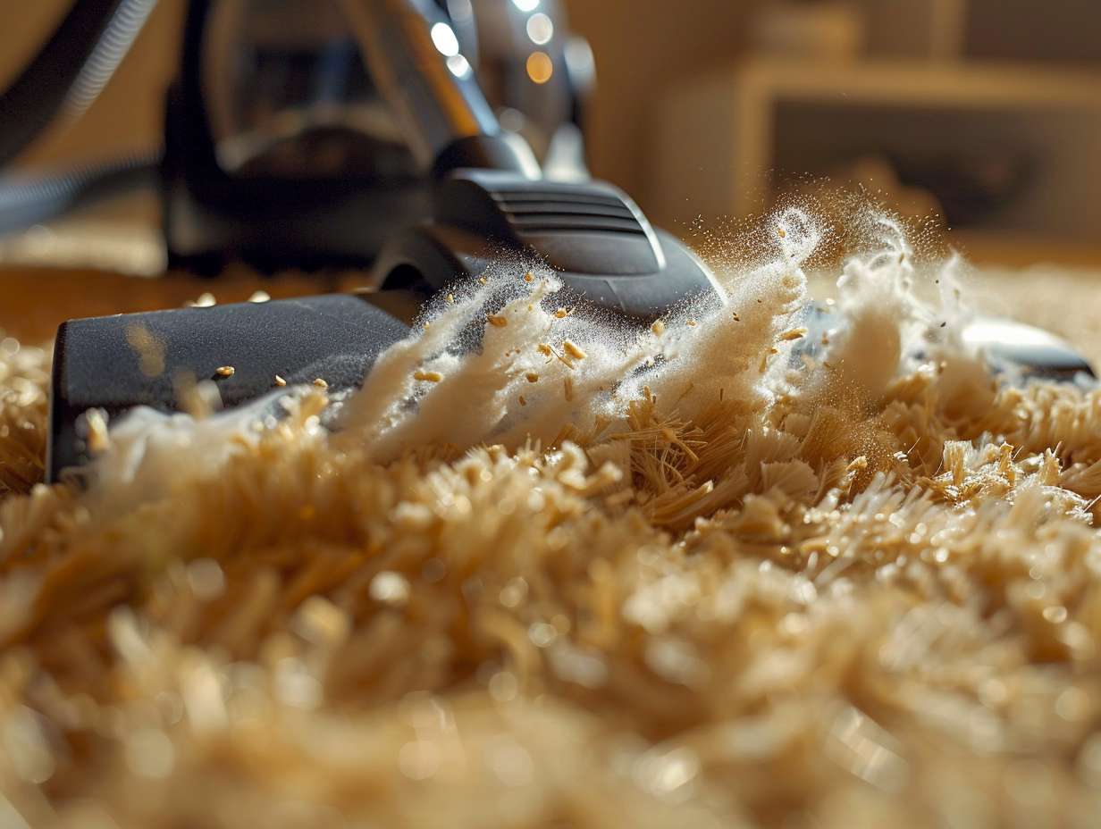 Closeup shot of vacuum cleaner brushroll in action lifting debris from carpet fibers