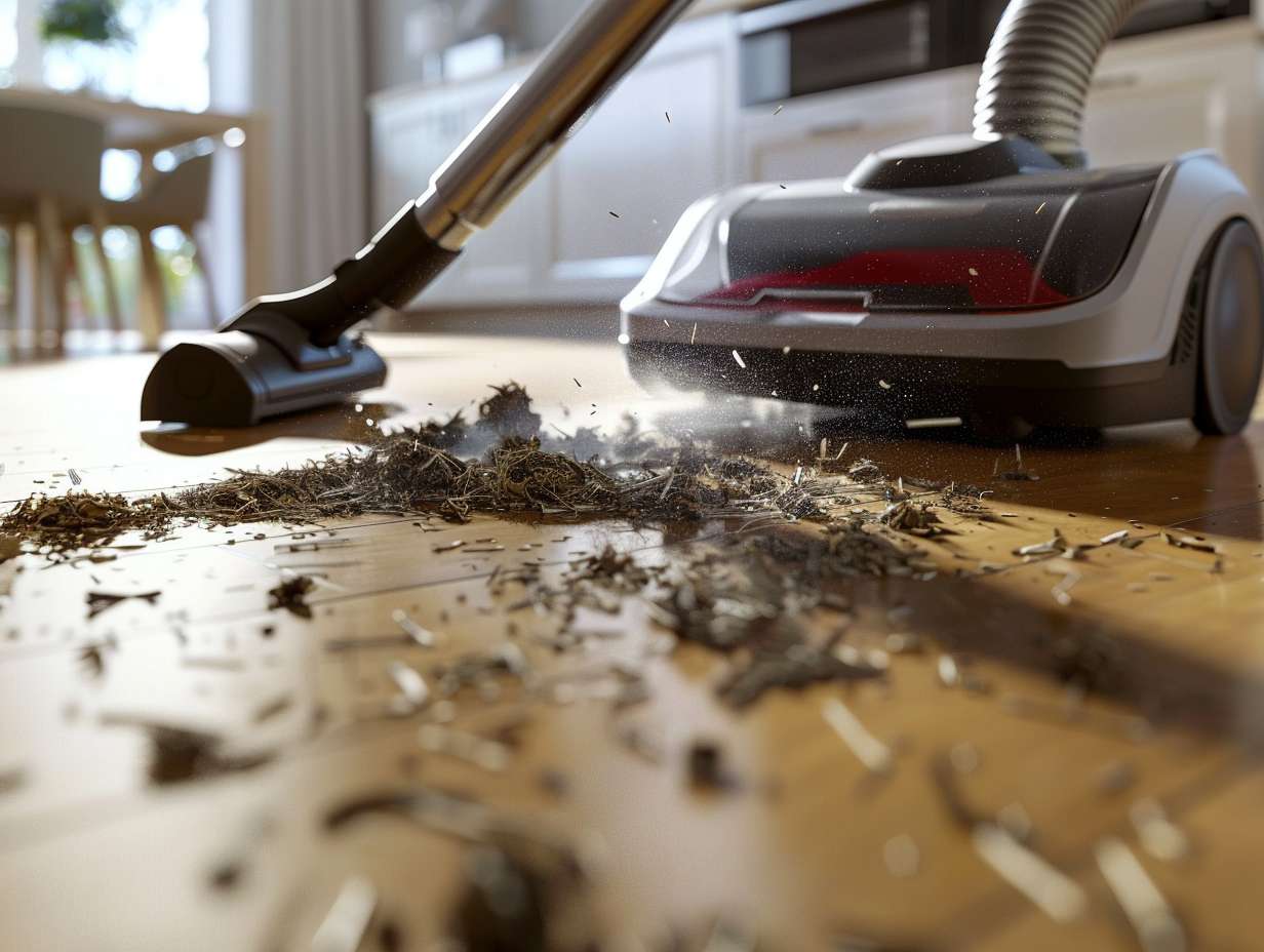 A vacuum cleaner effortlessly sucking up pet hair, dirt, and crumbs, leaving behind a clean and pristine floor.