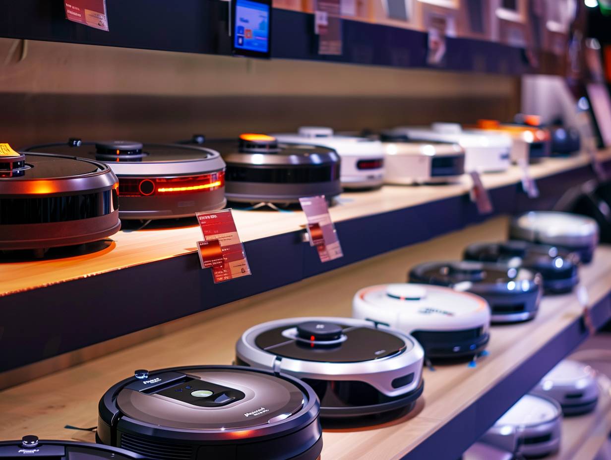 A variety of sleek and modern robot vacuum cleaners displayed on a store shelf with visible price tags showcasing a range of prices from budgetfriendly to highend models