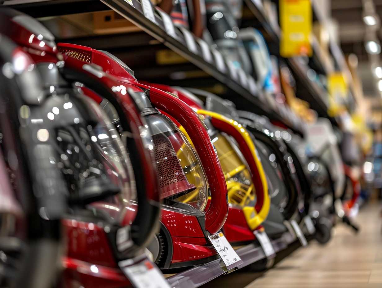 Row of vacuum cleaners in different styles and colors with price tags attached on store shelf