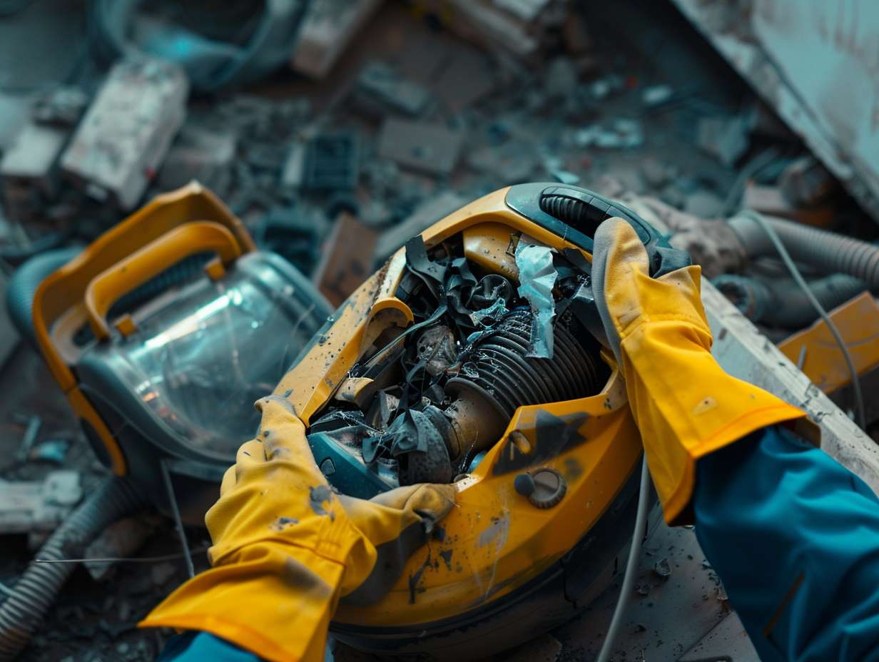 Person disassembling a broken vacuum cleaner in a recycling facility