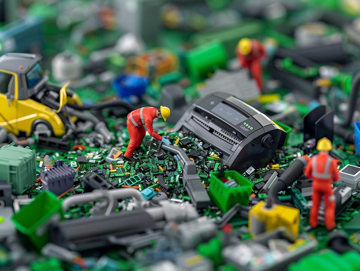 Workers dismantling a broken vacuum cleaner in a recycling facility separating plastic metal and electronic components