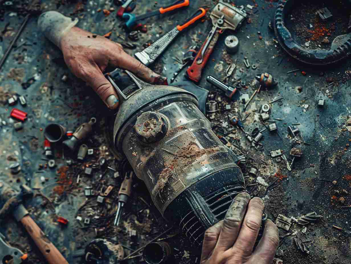 Hand repairing a broken vacuum cleaner with scattered dirt and tools nearby