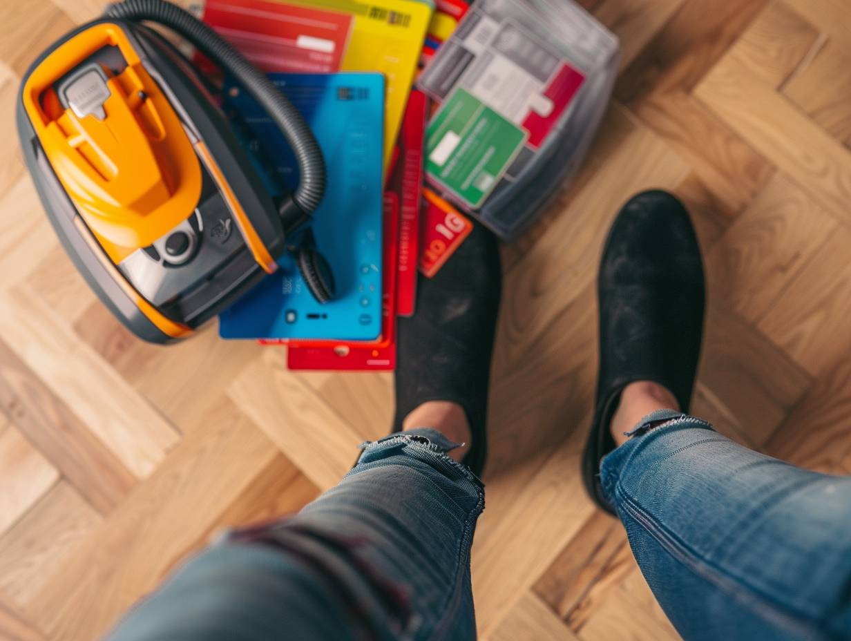 Person comparing prices of vacuum cleaner repair services with various warranty cards and price tags displayed with a broken vacuum cleaner in the background