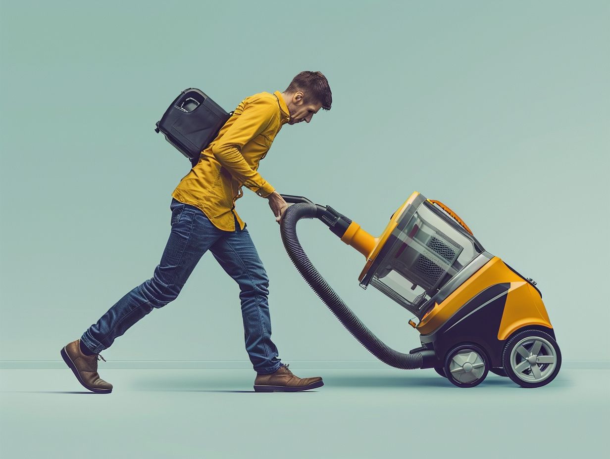 Person struggling to lift a heavy vacuum cleaner compared to effortlessly carrying a lightweight vacuum cleaner