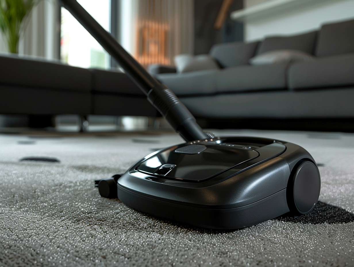 A modern sleek vacuum cleaner designed for carpets with powerful suction and specialized brush attachments for deep cleaning