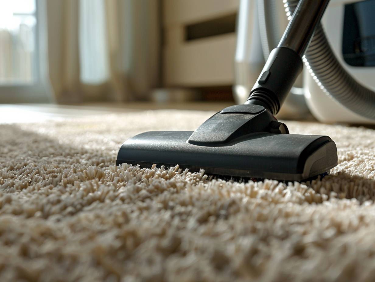 A sleek modern vacuum cleaner effortlessly lifting dirt and debris from a plush carpet