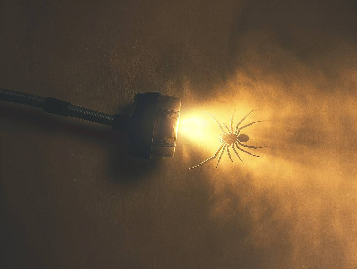 Handheld vacuum cleaner gently sucking up a spider from a wall with a soft glowing light emanating from the device The spider appears unharmed and unafraid