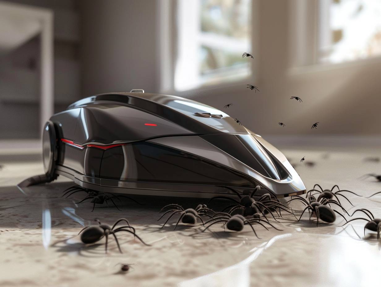 A sleek, modern vacuum cleaner designed specifically for spiders, effortlessly sucking up tiny arachnids from corners and crevices.