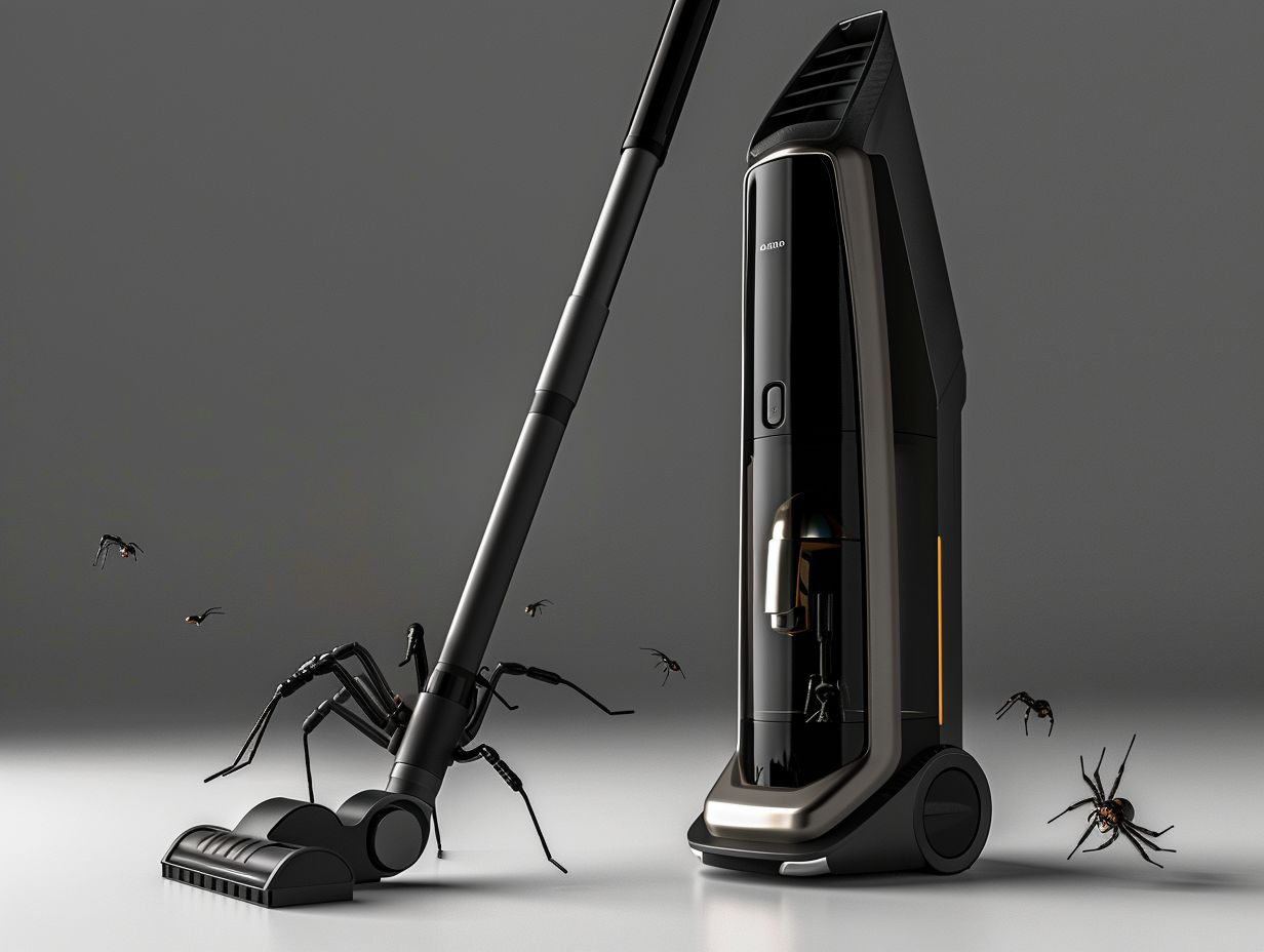 Sidebyside comparison of two spider vacuums in action one sleek and modern with a long handle the other compact and handheld capturing spiders