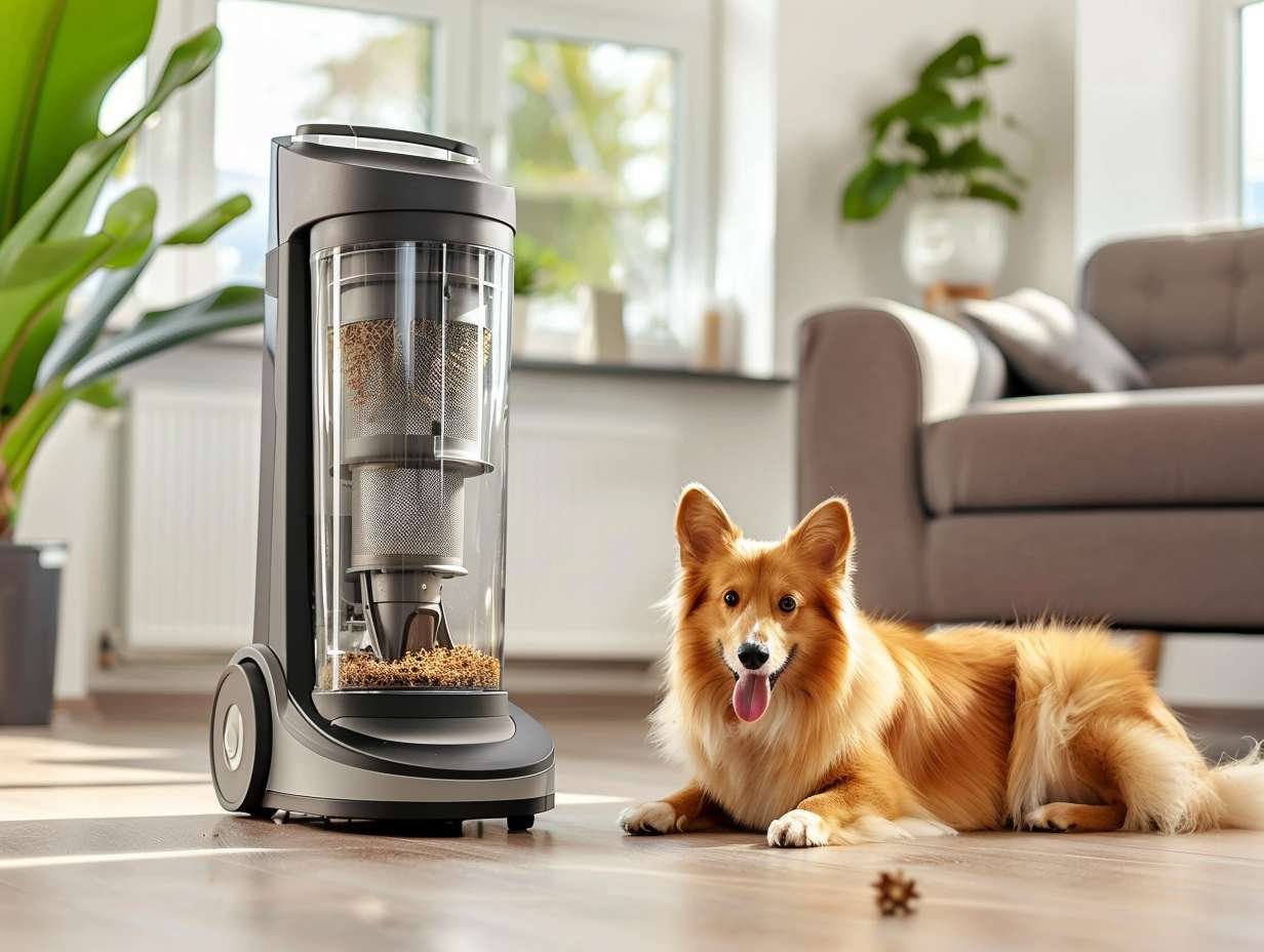 A sleek modern vacuum cleaner in a living room setting with a clear canister filled with pet hair and a happy pet nearby