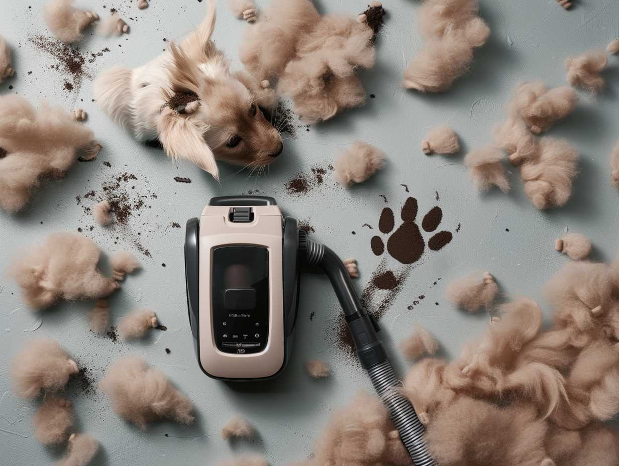 A specialized pet hair attachment vacuum surrounded by tufts of fur, a paw print, and a collar