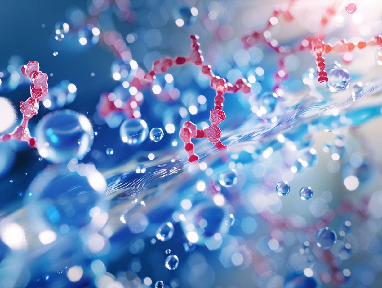 Illustration of water molecules passing through a semipermeable membrane in the process of reverse osmosis for water purification