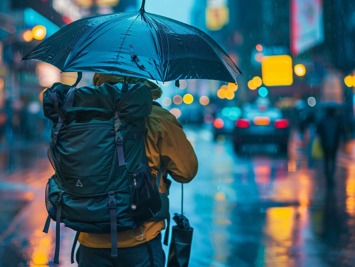 A backpack with waterproof cover umbrella rain boots and compact rain jacket against a rainy city backdrop