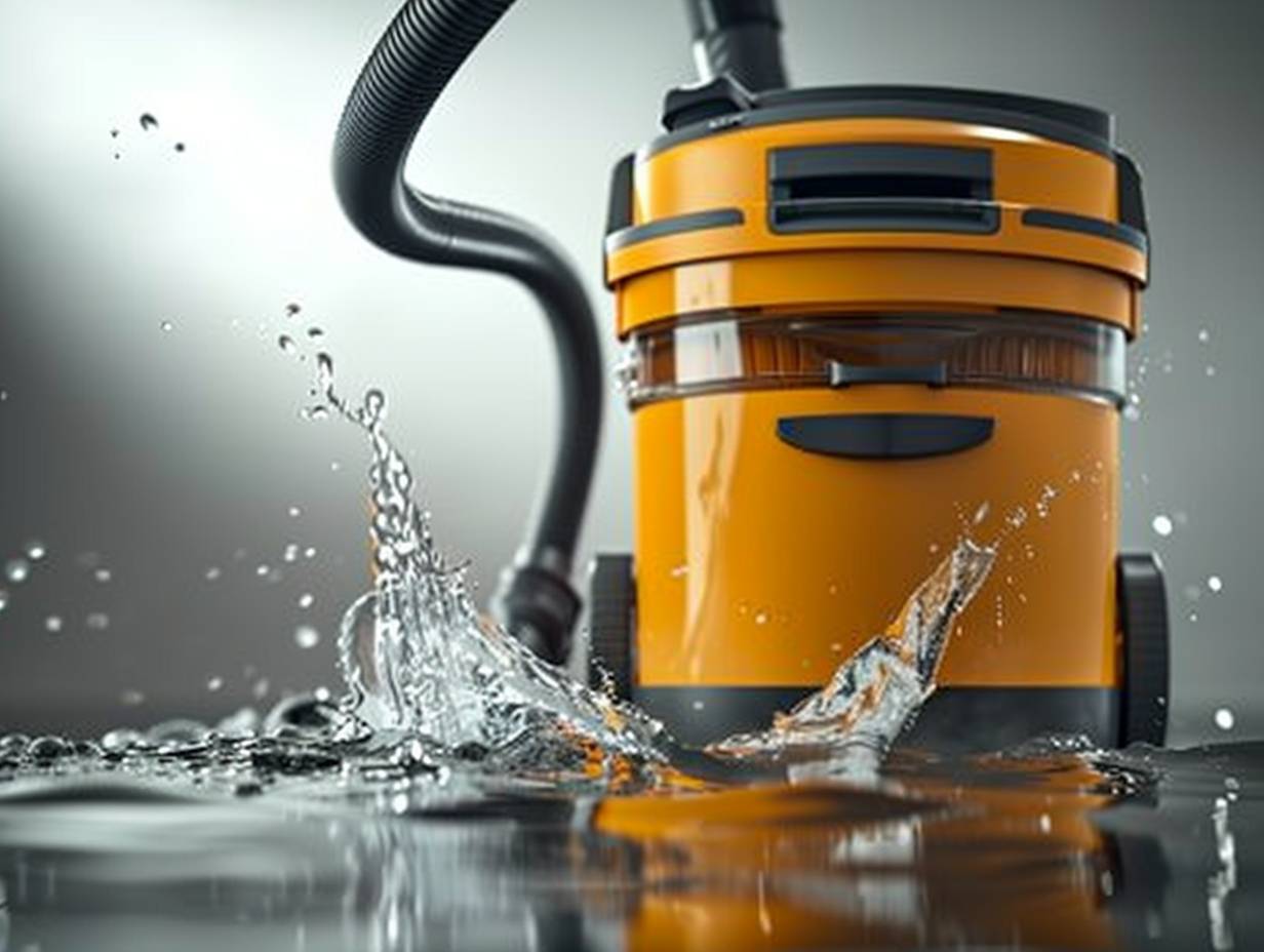 A wet and dry vacuum cleaner in action, sucking up water and dirt simultaneously.