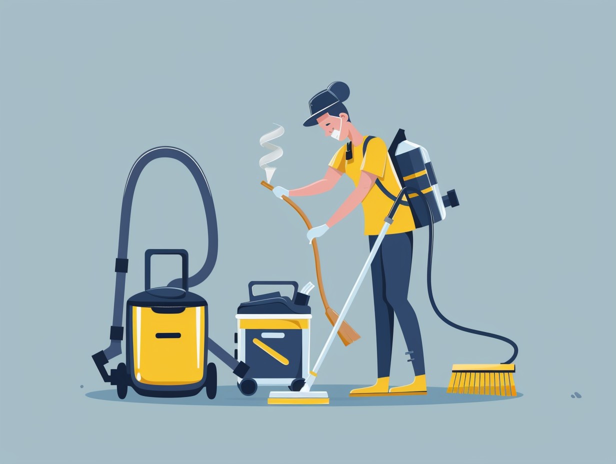 Person performing maintenance on a wet and dry vacuum cleaner emptying the dust bin cleaning the filters and checking for clogs with tools like a brush and a screwdriver