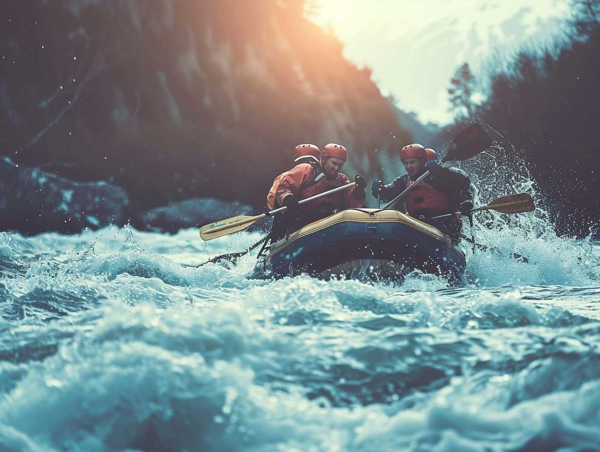 Experienced rafting guide leading a group through rough whitewater rapids