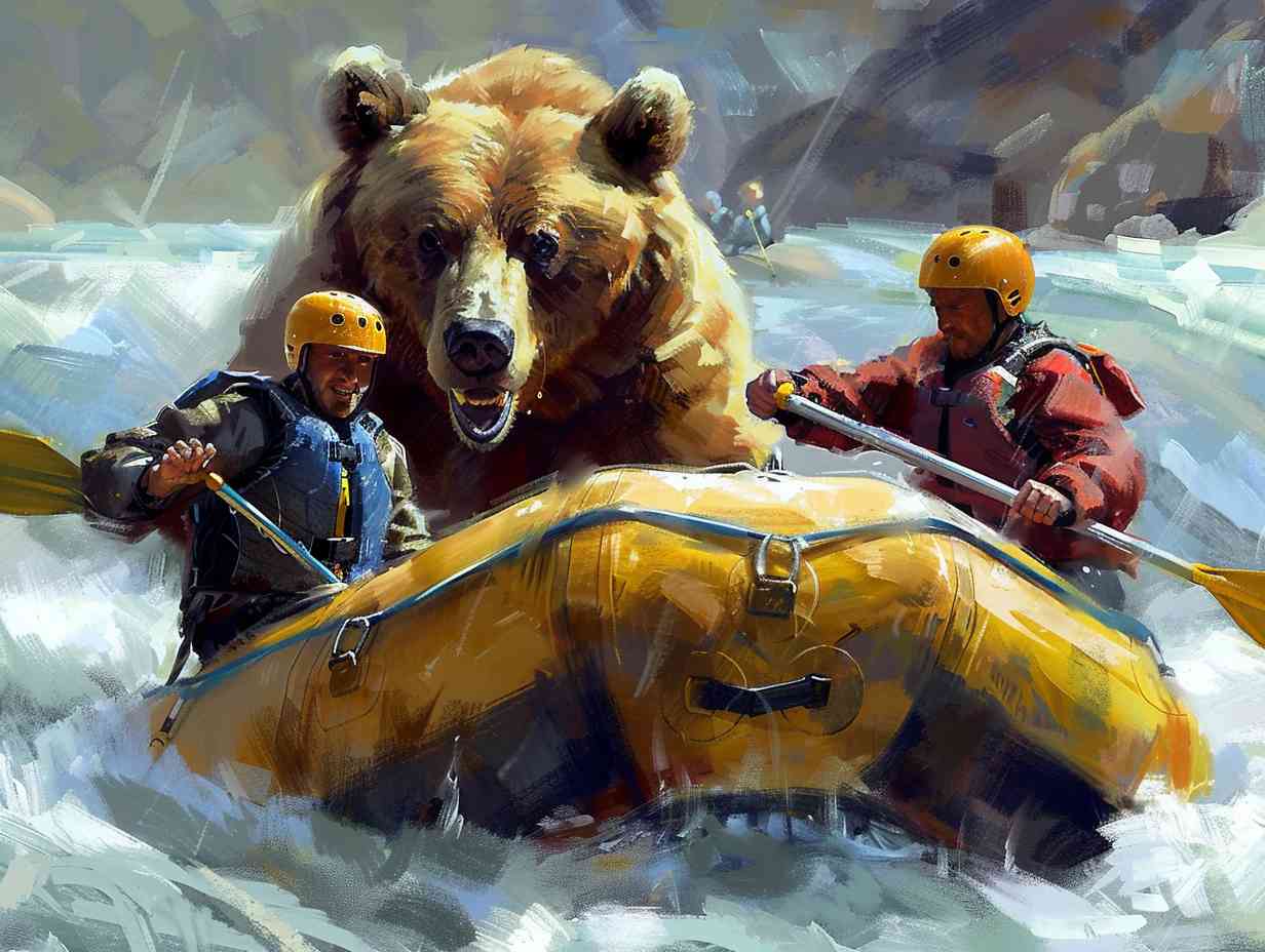 Group of rafters encountering a bear while on a river trip calmly following safety measures by keeping a safe distance and avoiding sudden movements