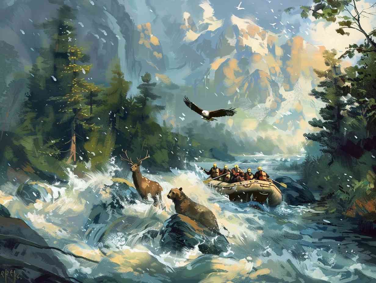 Group of rafters navigating through a rushing river with a bald eagle soaring above, a deer drinking from the shore, and a bear peeking out from the trees.