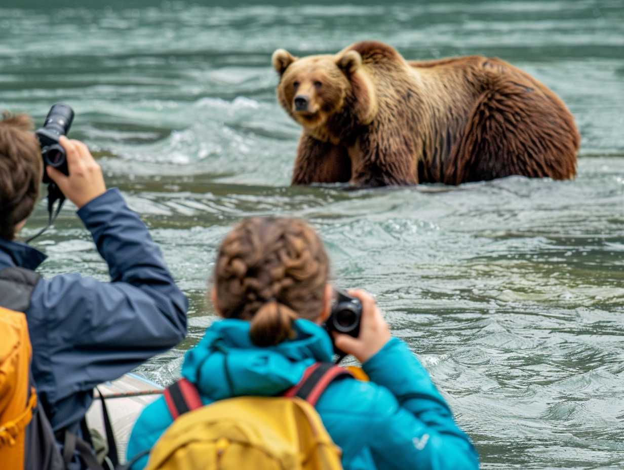 Group of rafters observing a mother bear and her cubs from a safe distance with binoculars and cameras