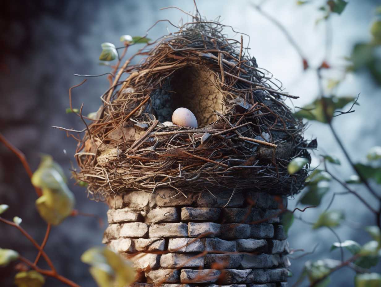 Chimney with metal cap and wire mesh surrounded by tree branches and leaves showing a birds nest with eggs and twigs inside