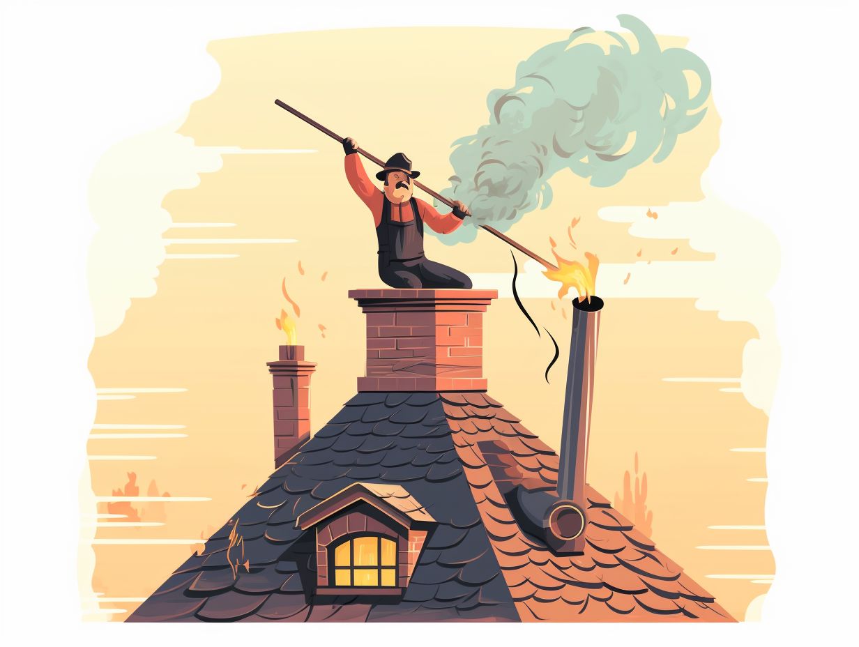 Professional chimney sweeper removing creosote buildup debris and animal nests using specialized tools