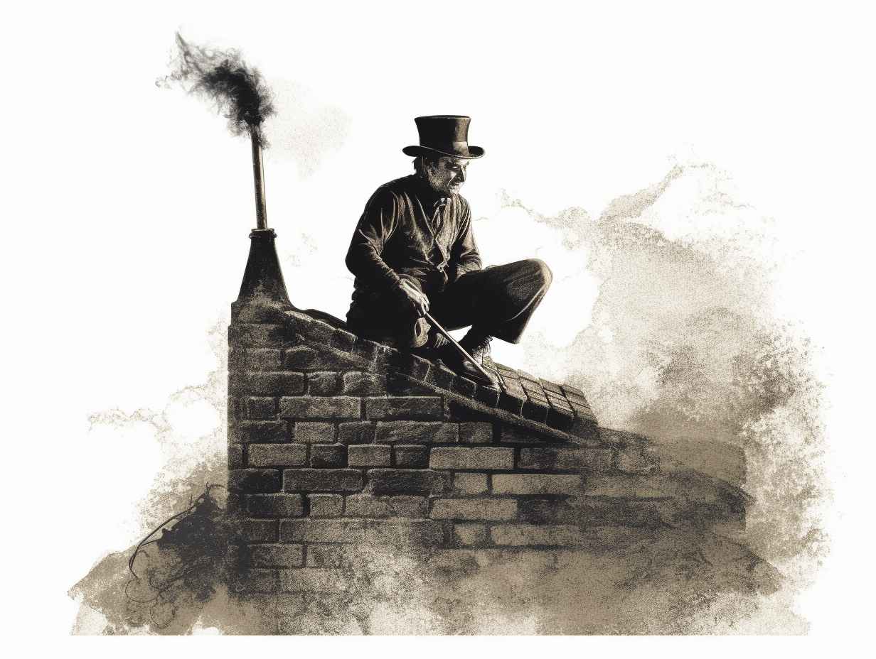 A chimney sweep using a specialized tool to remove creosote buildup from a chimney, with soot and debris falling to the ground below.