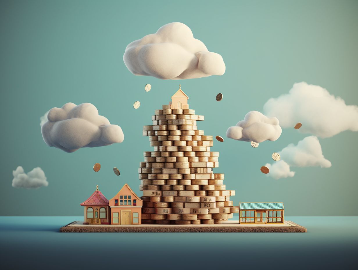 A scale with a cloud on one end stacked high with coins and a building on the other end with few coins