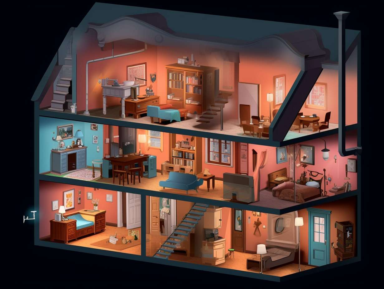 An image showing the ideal placement of carbon monoxide detectors in a home with clear view of the detectors location in relation to potential sources of CO