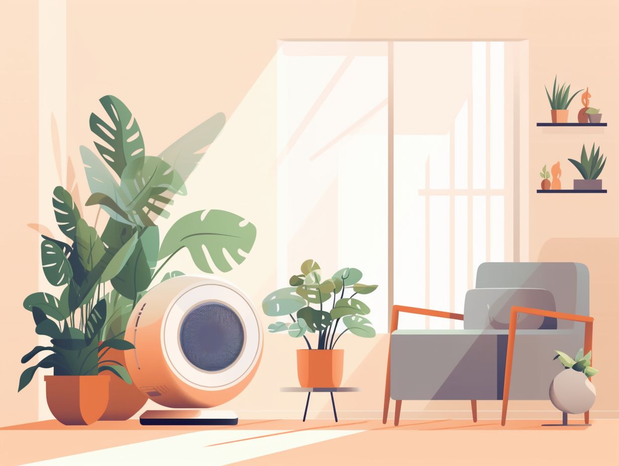 A modern living room with an air purifier surrounded by freshsmelling plants