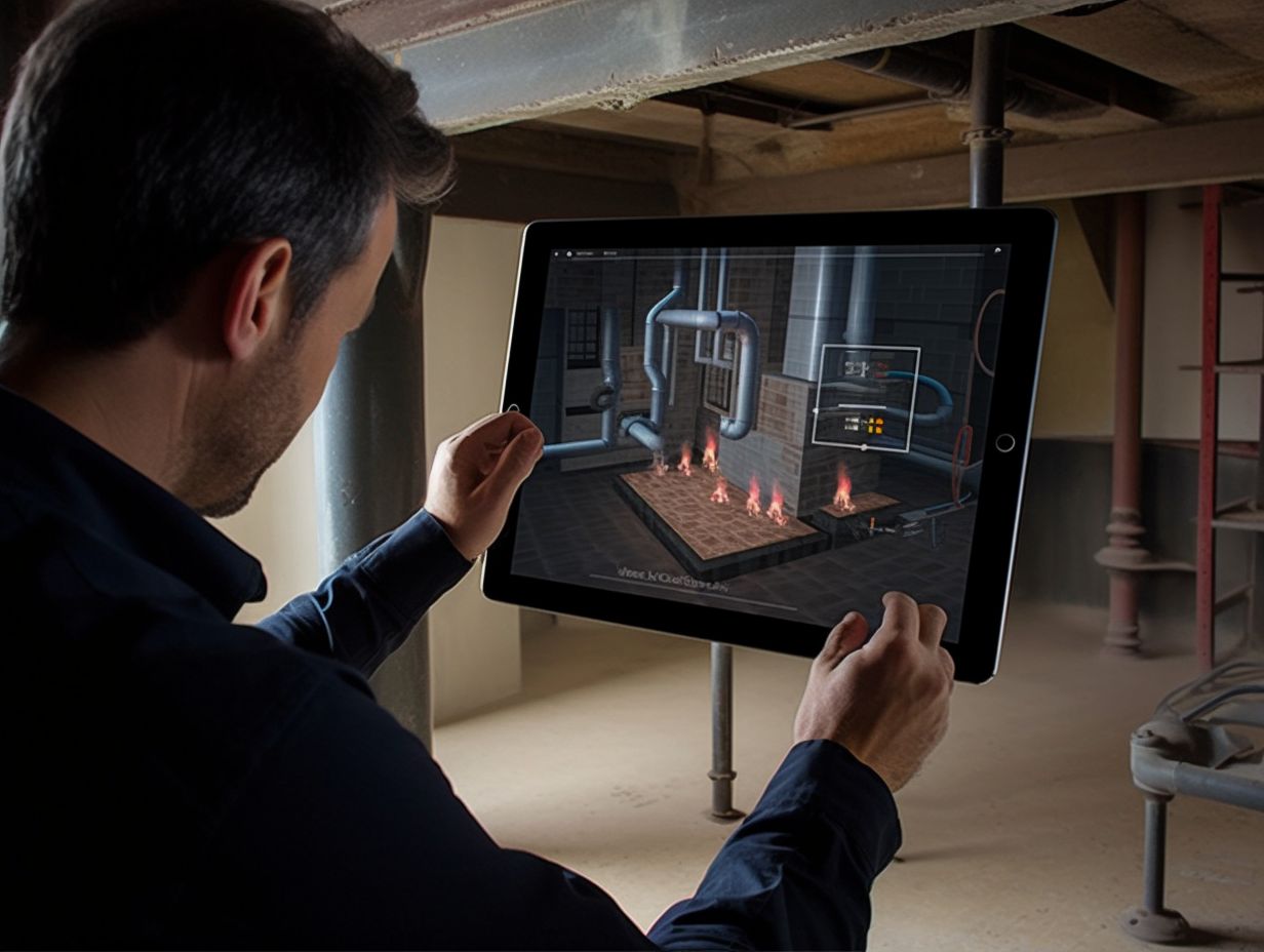 Technician using chimney inspection software on a tablet while inspecting a chimney