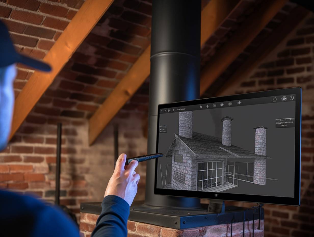 A chimney inspector using software to document and analyze chimney conditions with 360degree imaging video recording and measurement tools visible on screen