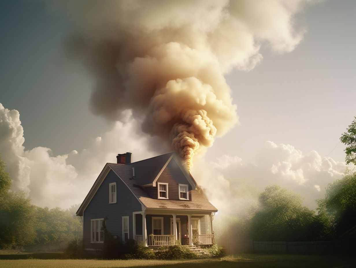 A dark and smoky image showing a house on fire with a chimney conveying the dangers of improper chimney usage