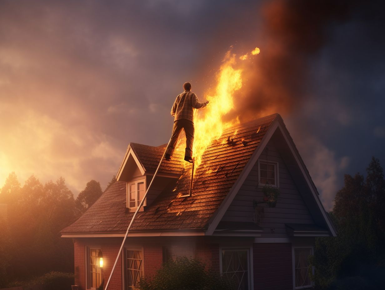 Person using a fire extinguisher to handle a chimney fire with flames visible in the background