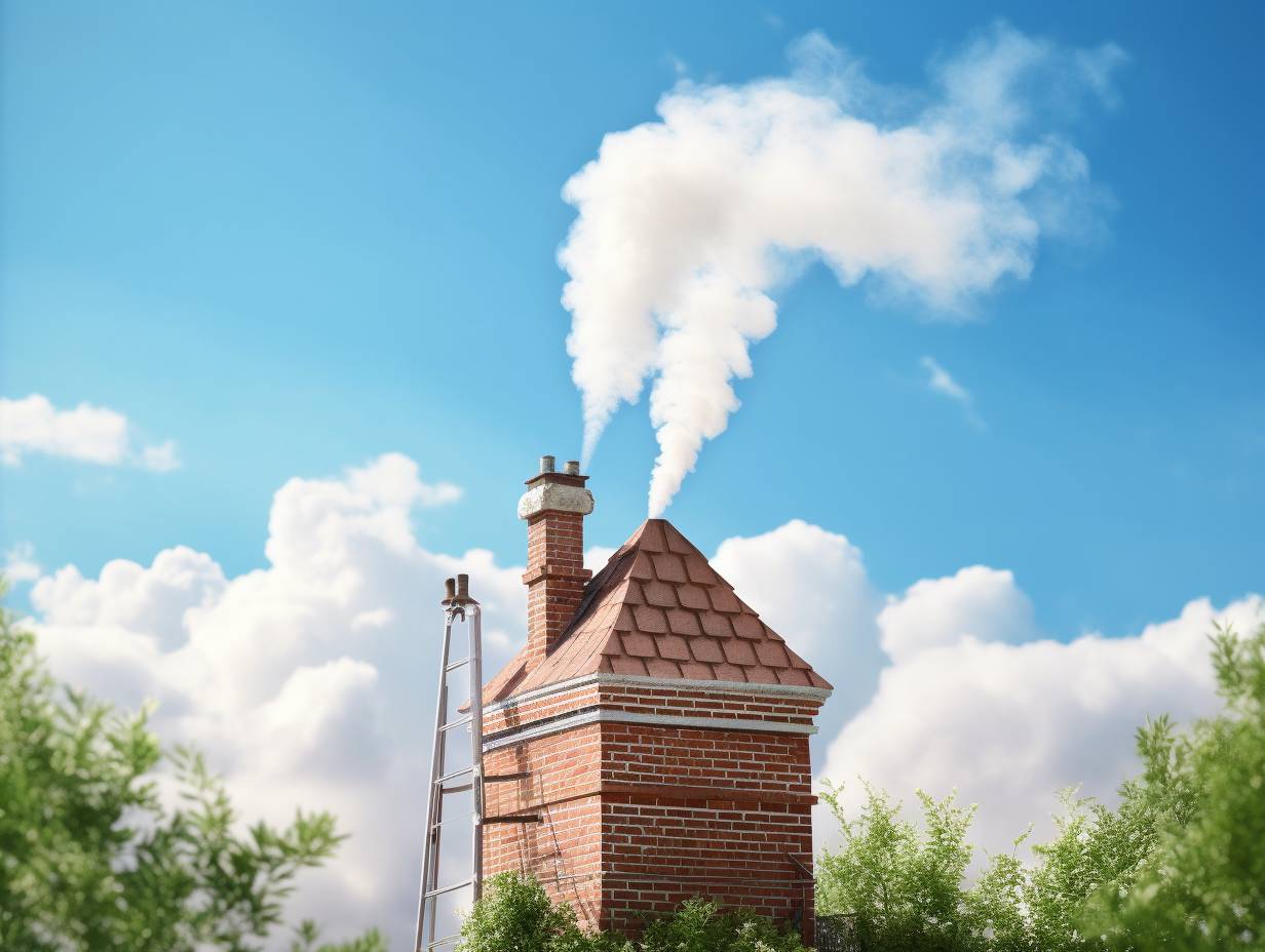 A clean chimney with smoke billowing out against a backdrop of lush greenery and clear blue skies with chimney brush and scraper nearby