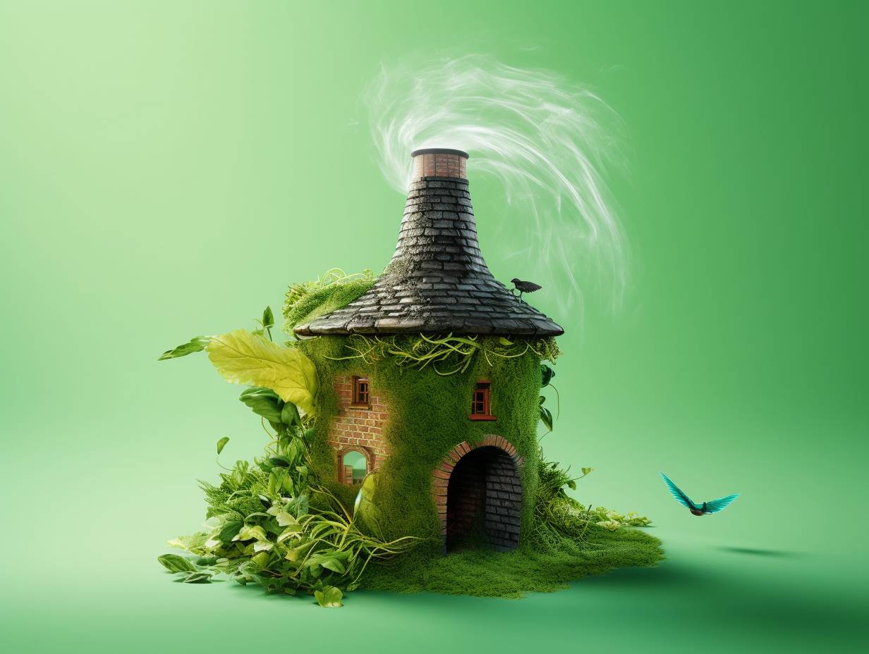 A dark smoky chimney with a birds nest inside juxtaposed against a bright green ecofriendly cleaning solution being poured down the chimney