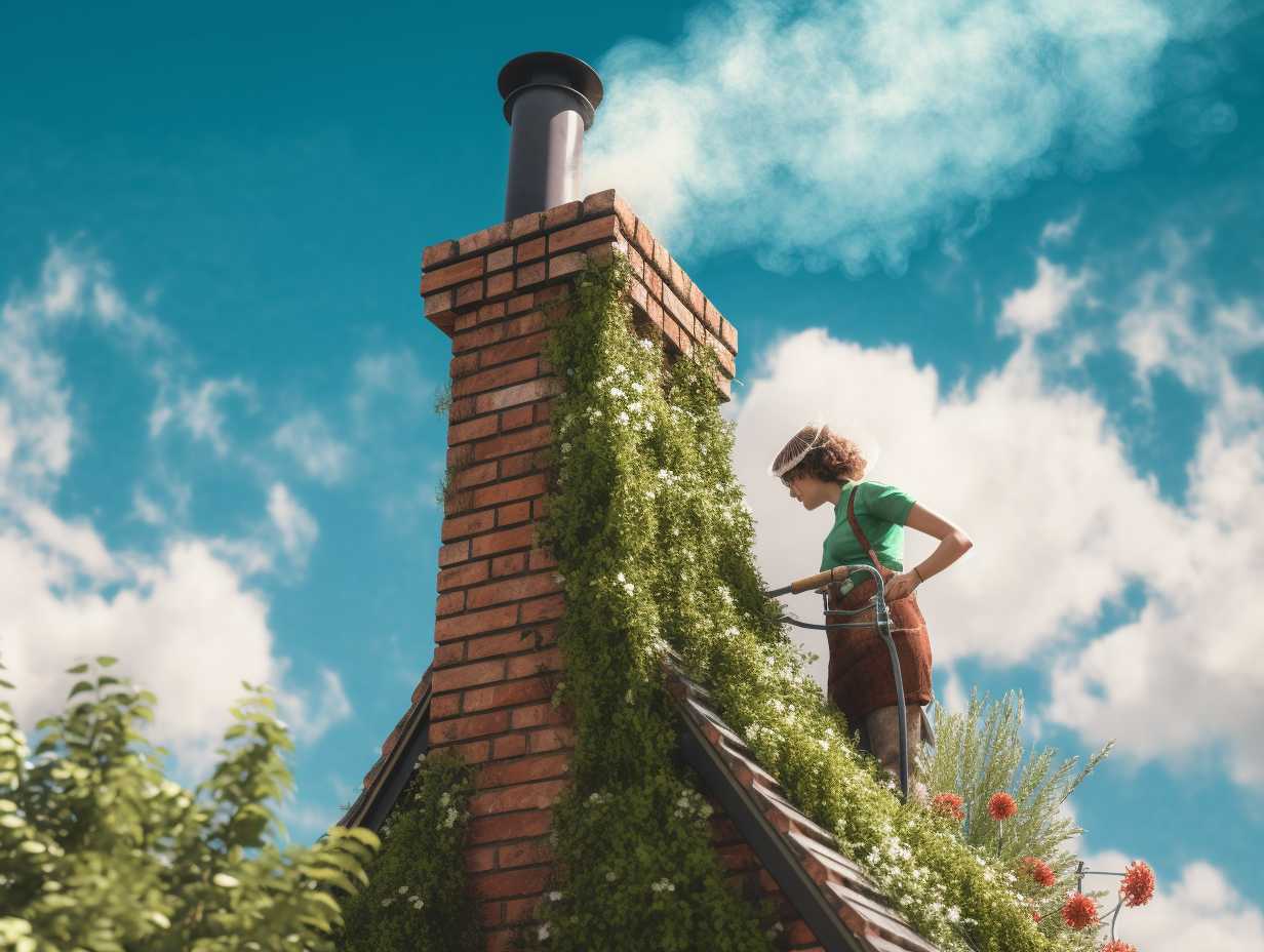 Person in eco-friendly attire cleaning a chimney with natural brushes and tools, surrounded by greenery and a clear blue sky.