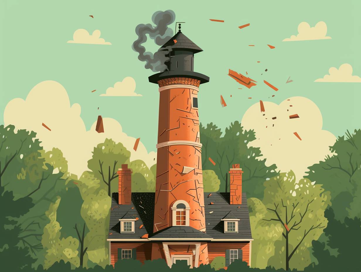 Chimney with sturdy cap surrounded by trees and debris emphasizing home protection