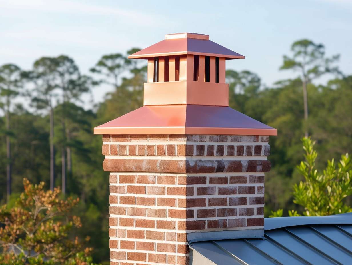 A sleek and modern metal chimney cap in bold contrasting colors sitting securely on top of a brick chimney