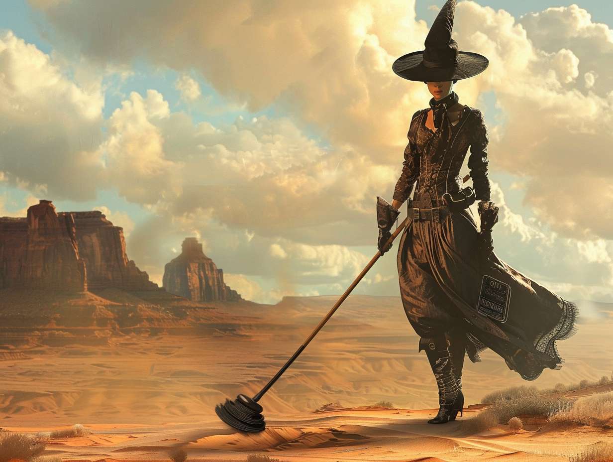 A confident person in a chimney sweep outfit standing in the desert with a broom in hand and a license in the other, looking into the horizon.