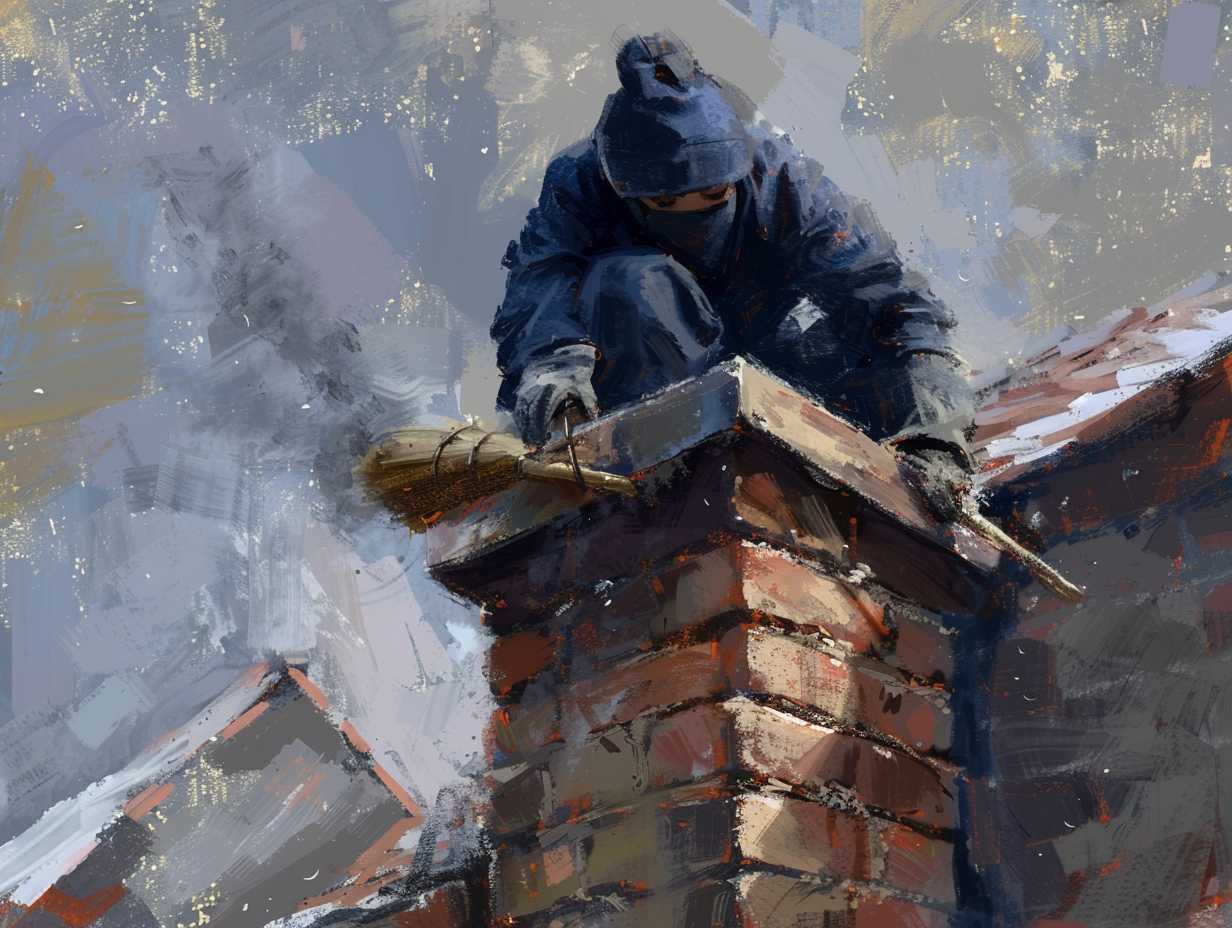 Person in dark blue uniform leaning over brick chimney wearing face mask and carrying broom and brush