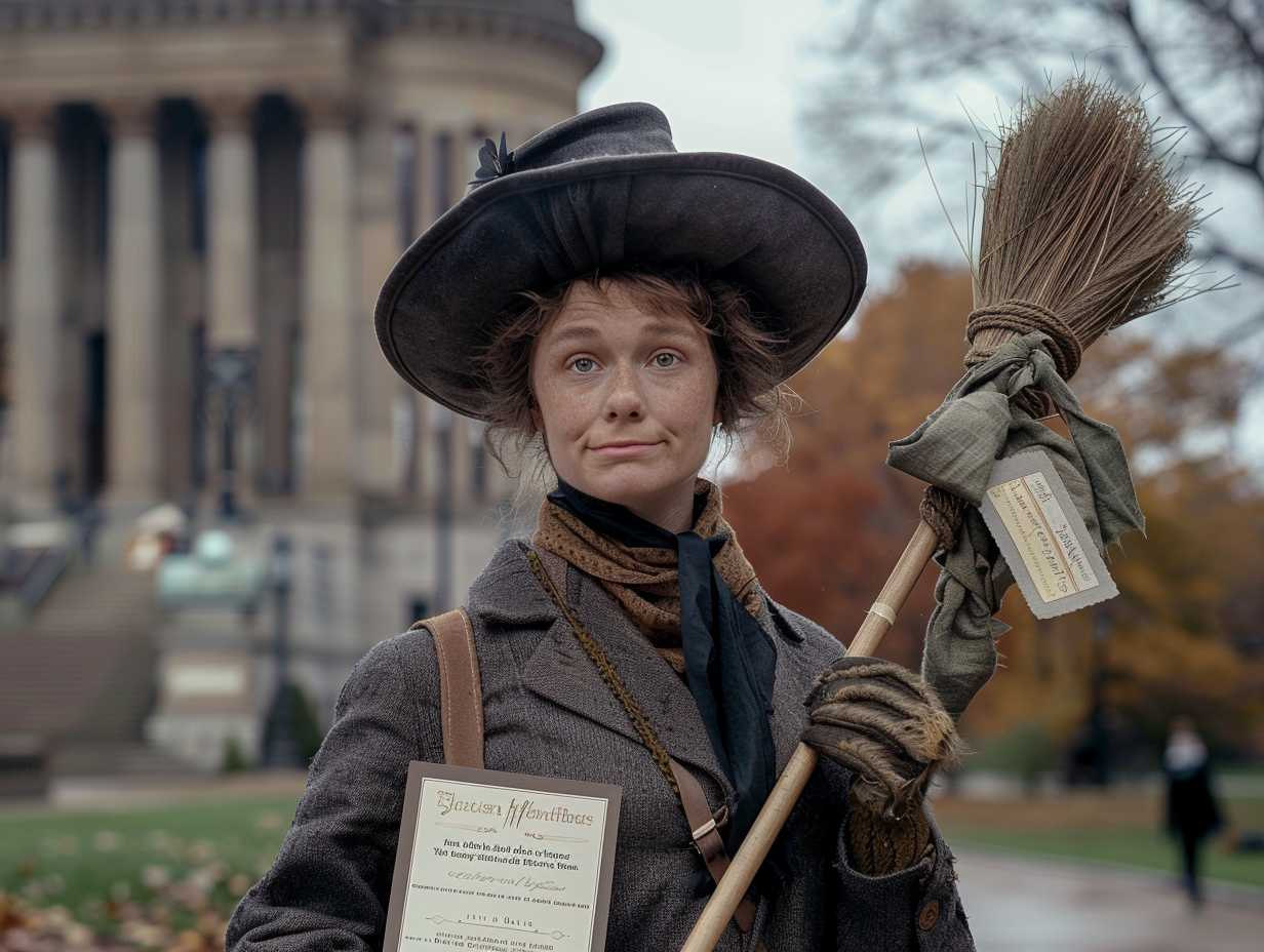 A person in a chimney sweep costume holding a certificate and broom in front of the Ohio State Capitol building.