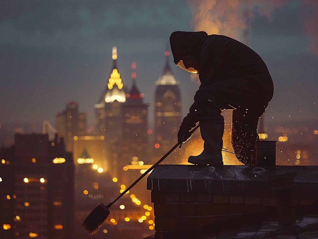 Chimney sweep wearing protective suit sweeping chimney with brush, silhouetted against Pennsylvania skyline