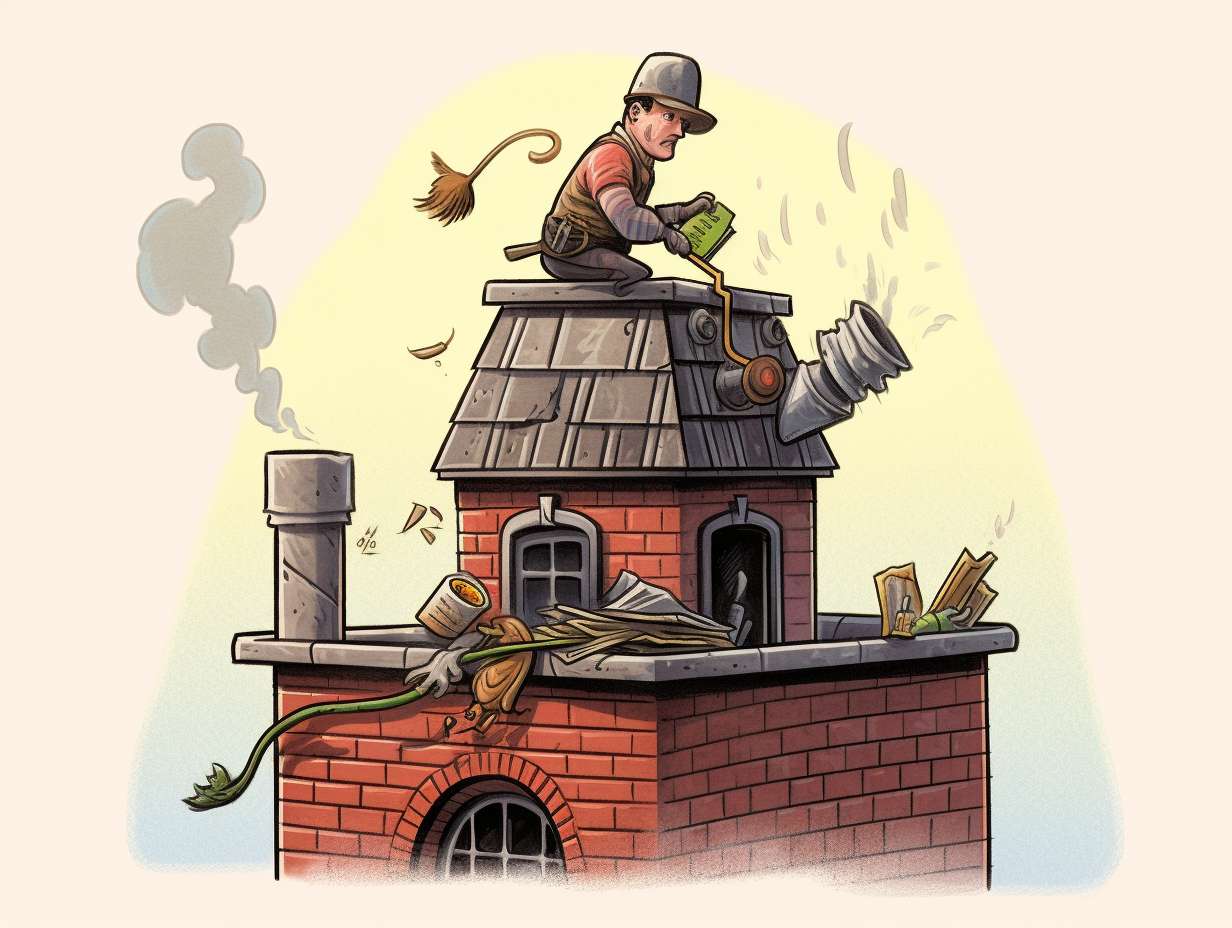 A homeowner inspecting and cleaning their chimney cap and damper surrounded by tools such as a chimney brush and vacuum removing soot and debris to emphasize the importance of regular maintenance