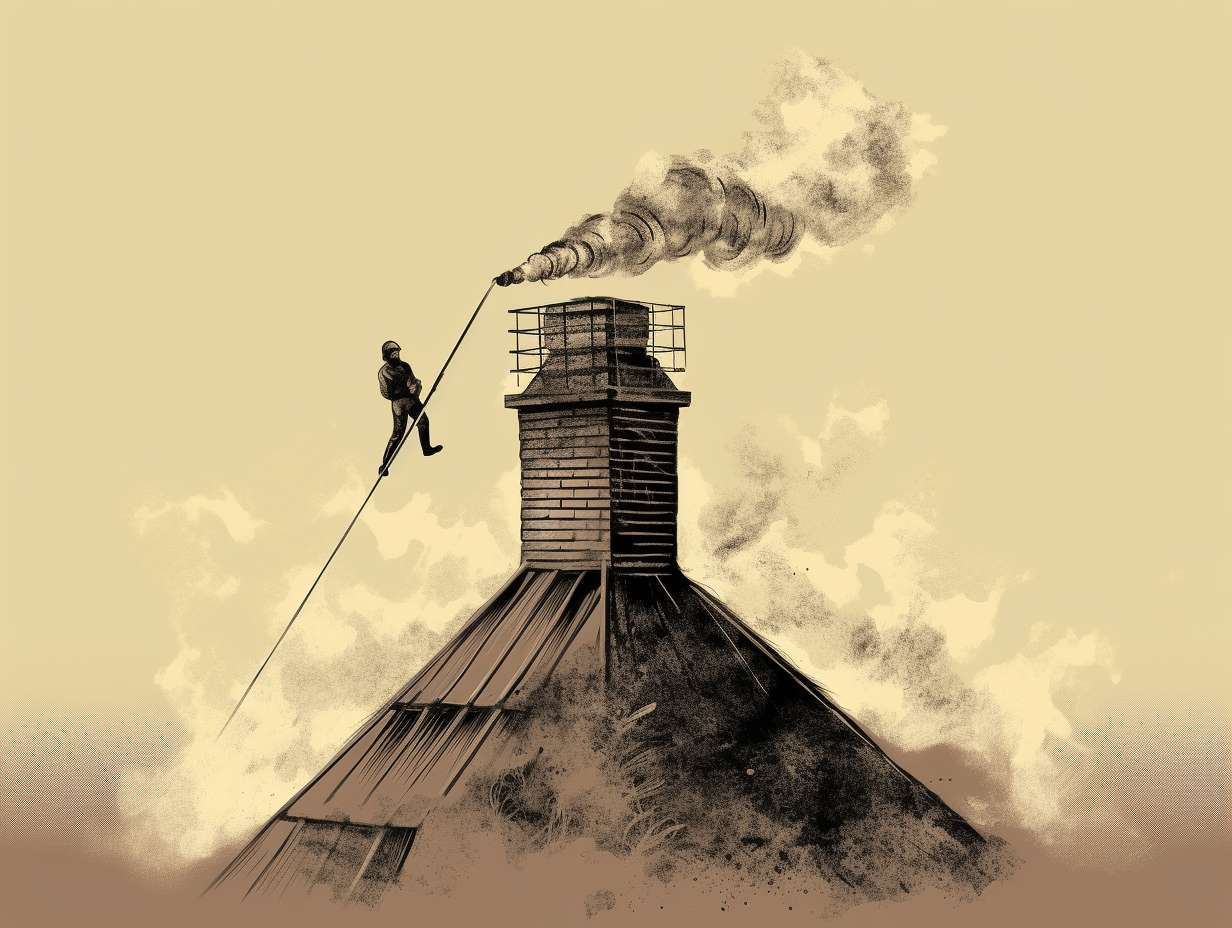 Person wearing protective gear cleaning a chimney with a long brush on a roof surrounded by soot and debris, with smoke rising in the background.