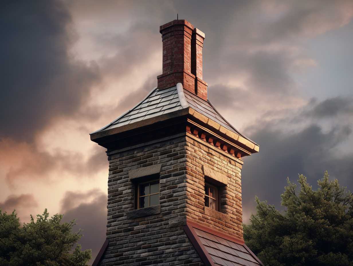 A wellmaintained chimney with rain cap flashing and chimney cap surrounded by trees under a stormy sky