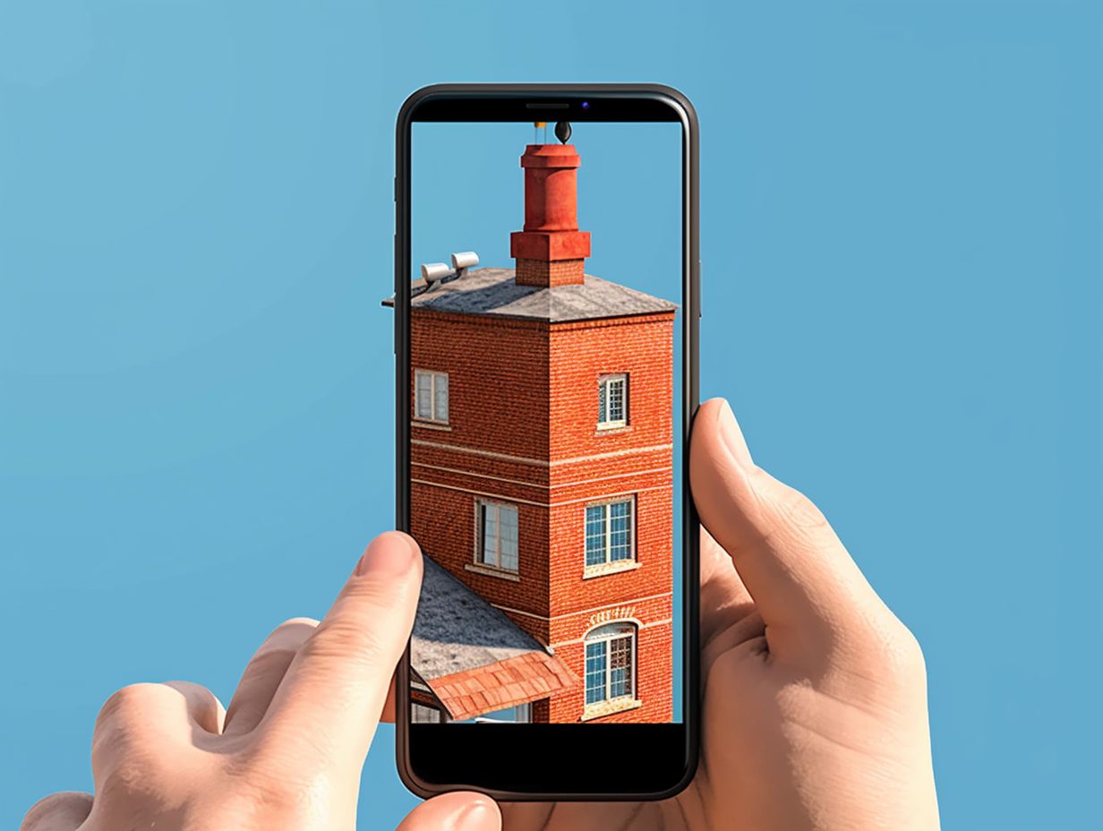 Person using smartphone to inspect chimney on roof